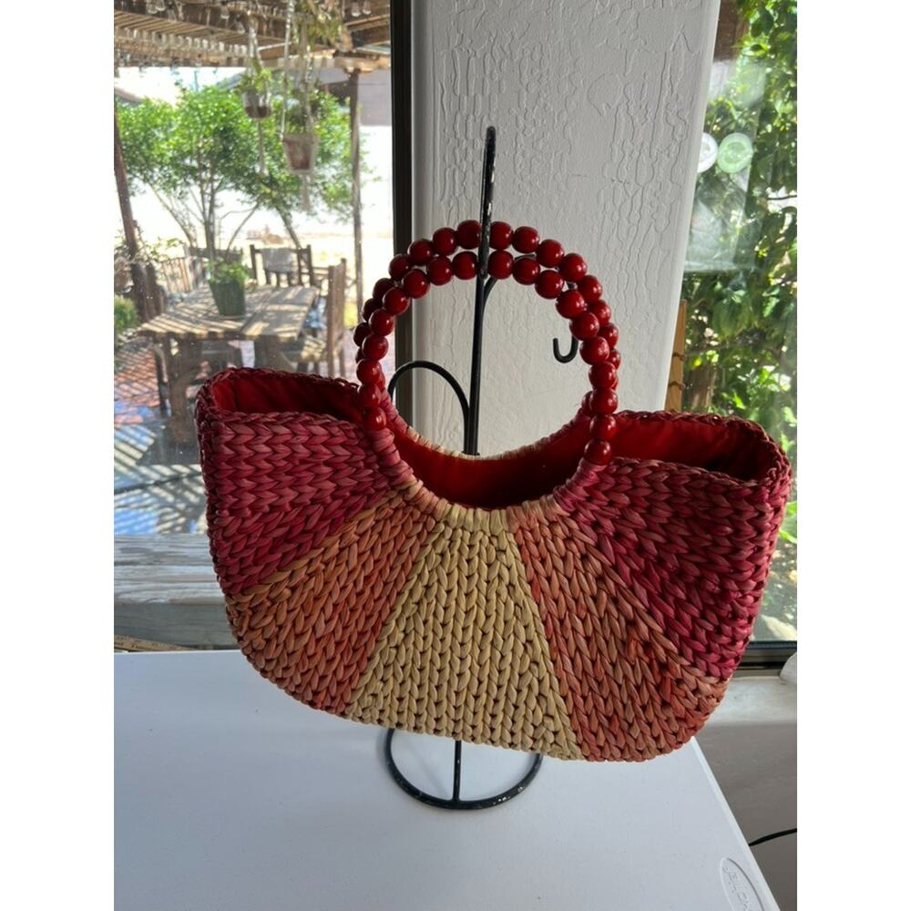 Judi Flowers Beach Tote For Bonjour Fleurette Beaded Wood Handles Lined - Picture 3 of 11